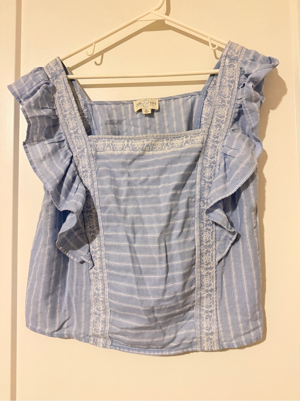 Sanctuary Light Blue Striped Ruffle Square-Neck Tank XL